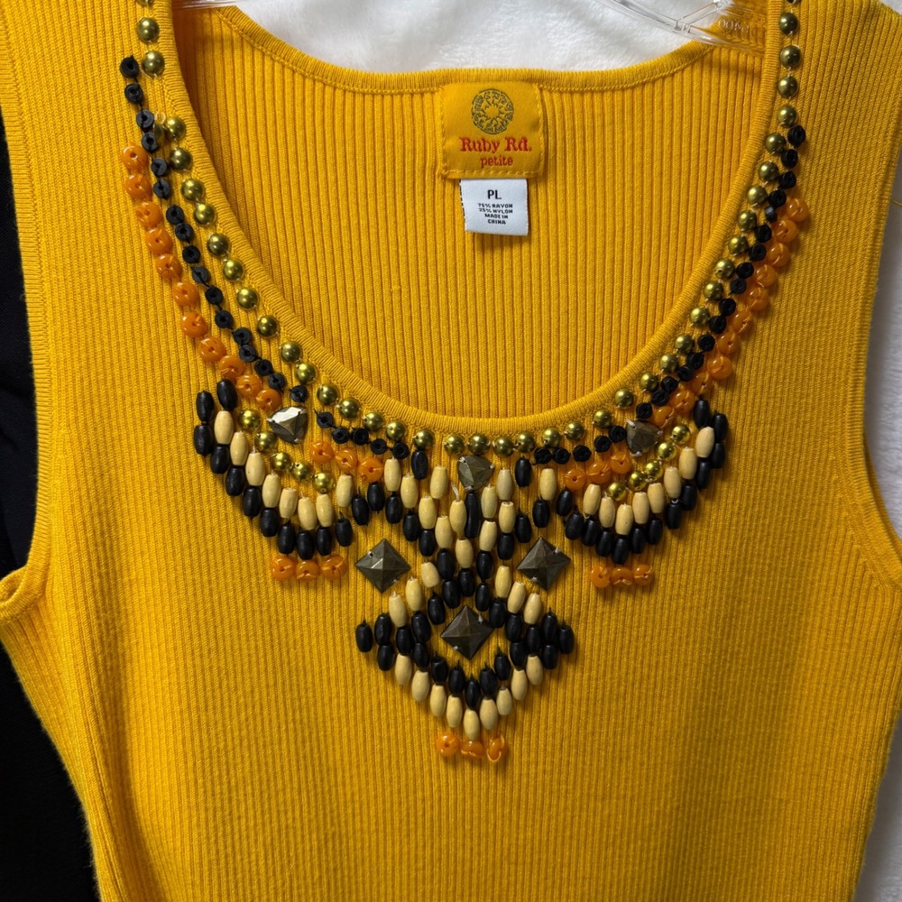 Ruby Rd 2pc Set Black Studded Zip Jacket & Yellow Beaded Tank Top - Picture 3 of 12